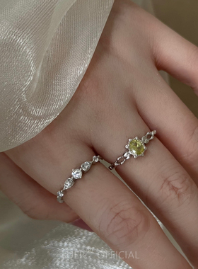 #秘密森林#橄榄浅黄绿进口锆石通体纯银不褪色镶钻开口戒指银饰女