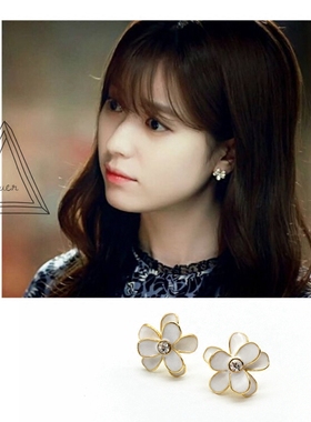 W韩孝周韩剧同款耳钉 清纯风通体925纯银搪瓷珐琅彩花朵耳钉