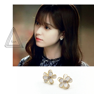 W韩孝周韩剧同款耳钉 清纯风通体925纯银搪瓷珐琅彩花朵耳钉