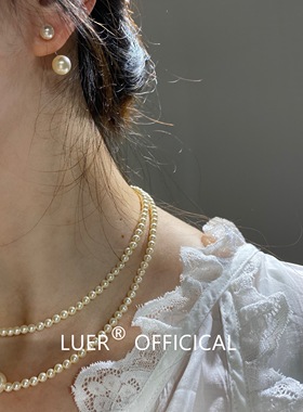 LUER 经典款 进口施家奶油白正圆强光珍珠通体银大小双珠耳钉耳挂