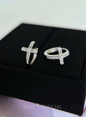 精工!加大版!满钻十字架通体纯银时髦高级感百搭耳扣耳钉男女同款