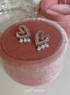 回馈！蕾丝小爱心~天然淡水小珍珠 通体纯银精致气质小巧耳环耳钉