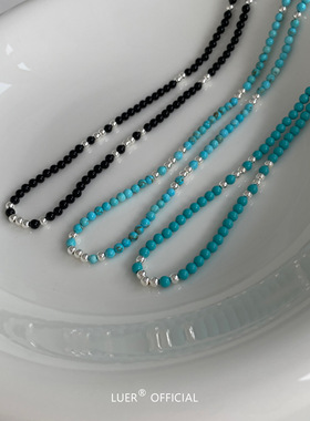 高质天然石版！ins博主fever同款通体纯银黑玛瑙蓝松石叠戴项链