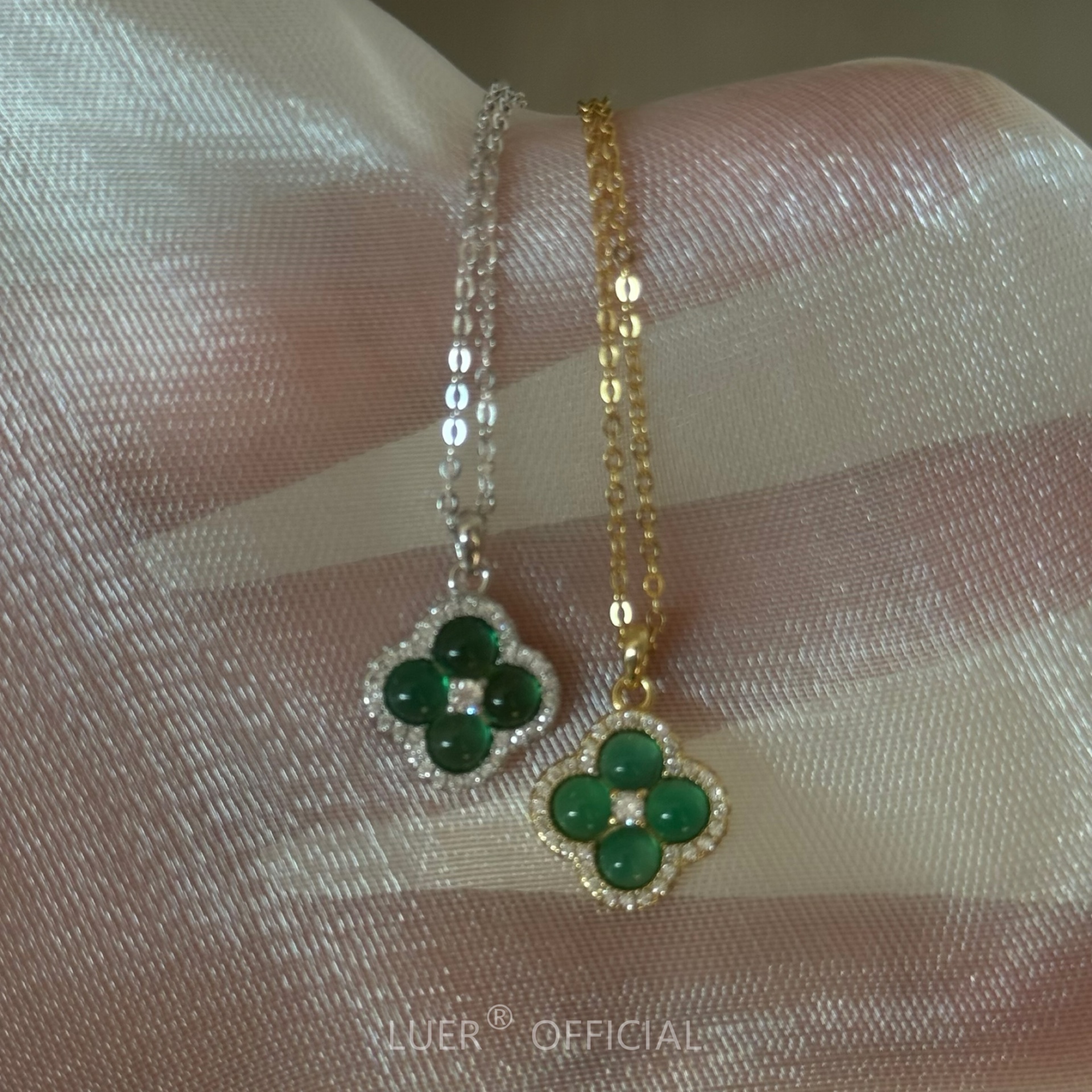 精工!轻奢!经典四叶草!新中式天然绿玉髓通体纯银精致项链锁骨链