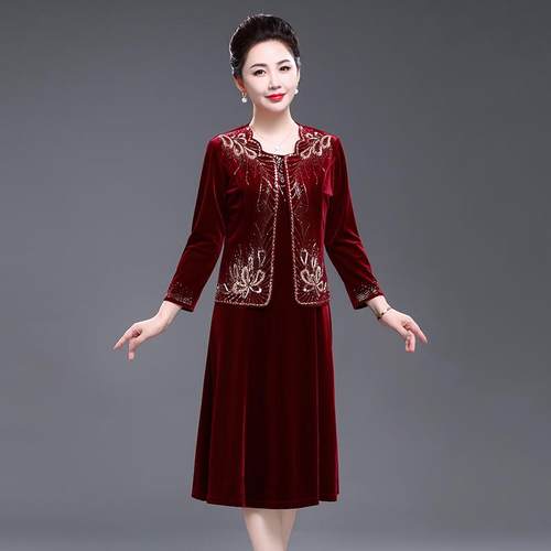 进口金丝绒两件套装喜婆婆连衣裙