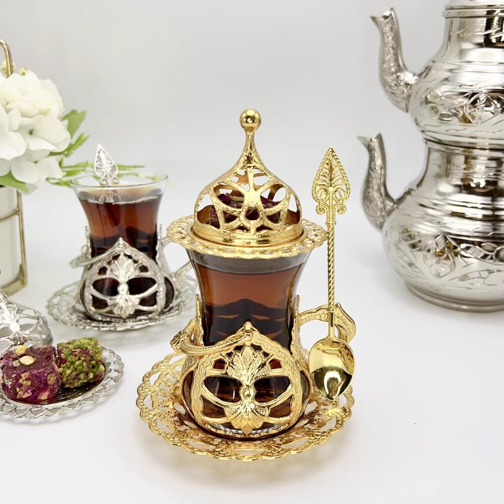 土耳其进口郁金香镂空金属玻璃红茶杯精美欧式轻奢金色银色茶杯