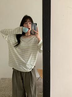 百搭条纹长袖 时尚 T恤女宽松休闲复古设计感上衣 韩版 2026新款