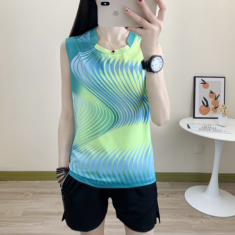 运动无袖T恤女透气速干背心跑步健身训练乒乓羽毛球服夏短袖套装