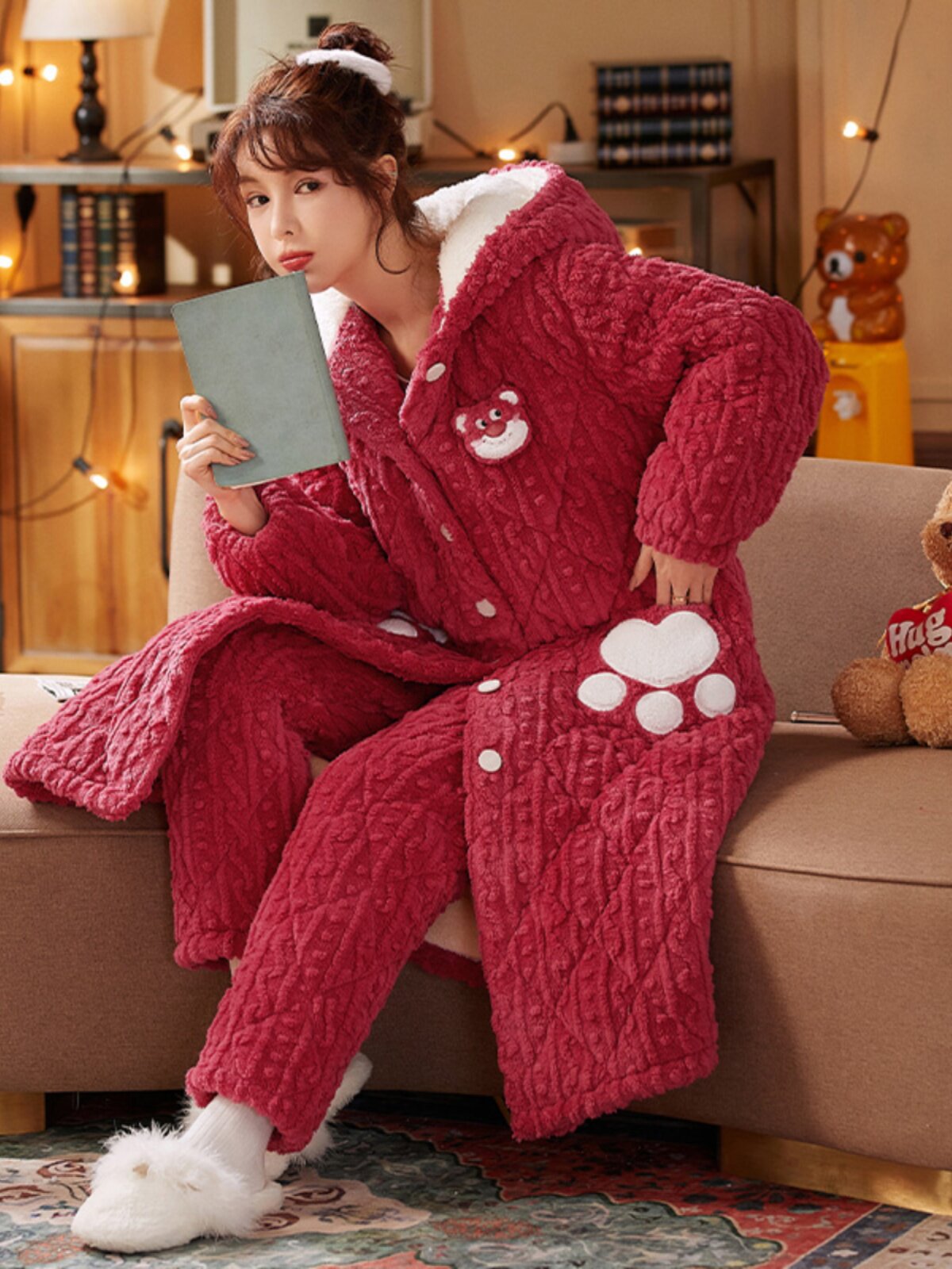 CORAL VELVET PAJAMAS WOMENS WINTER VELVET THICKENED THREE-LAYER PADDED PADDED DRESSING GOWNS WINTER CUTE HOODED FLANNEL LOUNGEWEAR