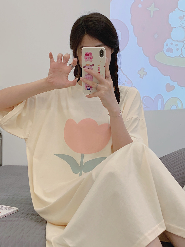 여성 잠옷 여름 순수 면화 반팔 달콤한 여성용 잠옷 봄과 가을 귀여운 작은 꽃 홈웨어 드레스