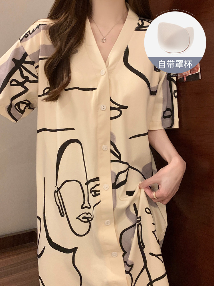 가슴 패드가 있는 여성용 잠옷 여름 순면 레트로 하이엔드 게으른 스타일 가디건 잠옷 여성용 홈웨어