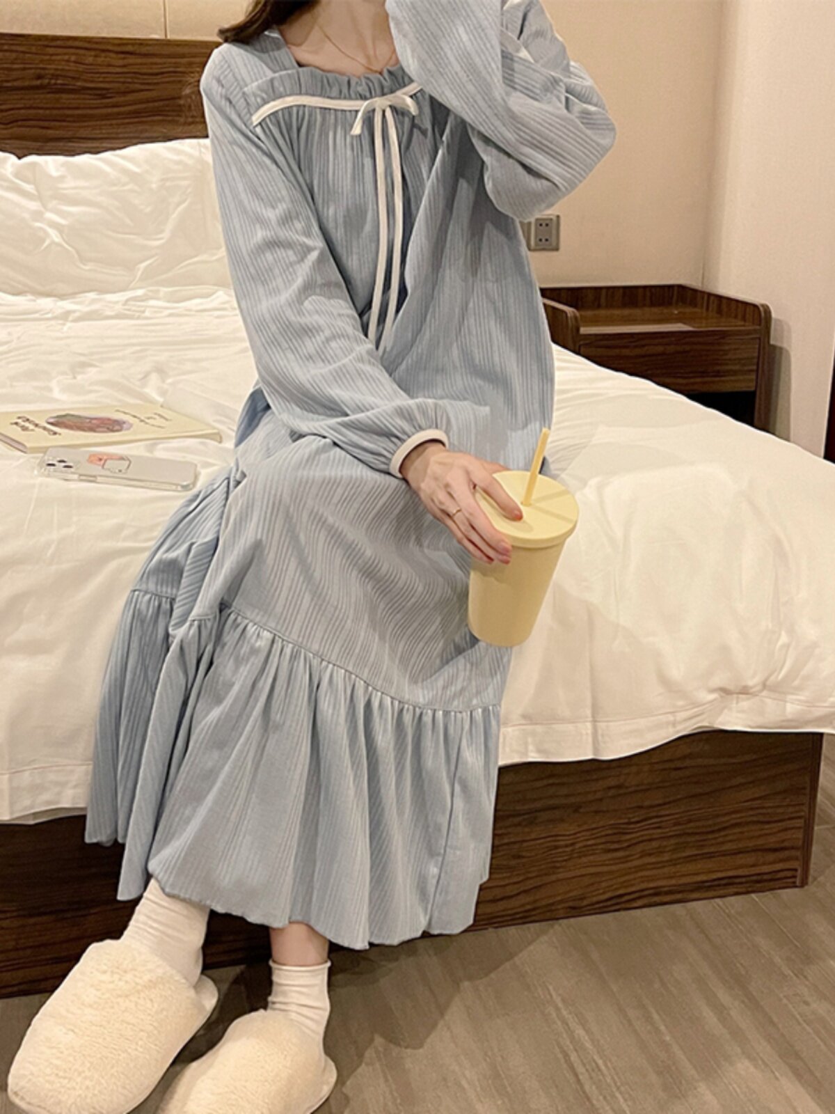 여성용 잠옷 봄 가을 겨울 순면 달콤하고 부드러운 헐렁한 긴 임산부 복장 잠옷 여성용 홈웨어
