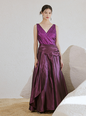 之既紫色亮片礼服婚礼afterparty舞会松弛感敬酒晨袍上下拼接设计