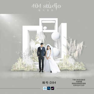 韩式简约几何婚礼效果图龙须草吊米满天星手绘花艺合影舞台背景