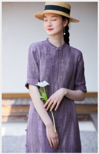 中式复古扎染肌理亚麻中长襟全开改良襟旗袍显瘦遮肉短袖长裙女夏