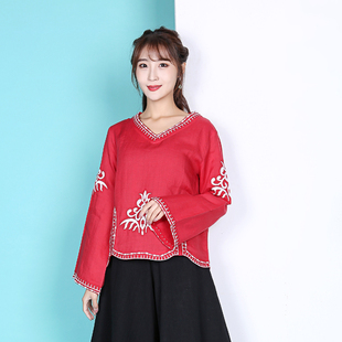 上衣女V领衬衫 2020春装 喇叭袖 棉麻刺绣民族风苎麻短款 新款