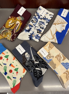 春秋法国小众男女棉袜子纯棉AB不对称袜子外穿百搭情侣油画中筒袜