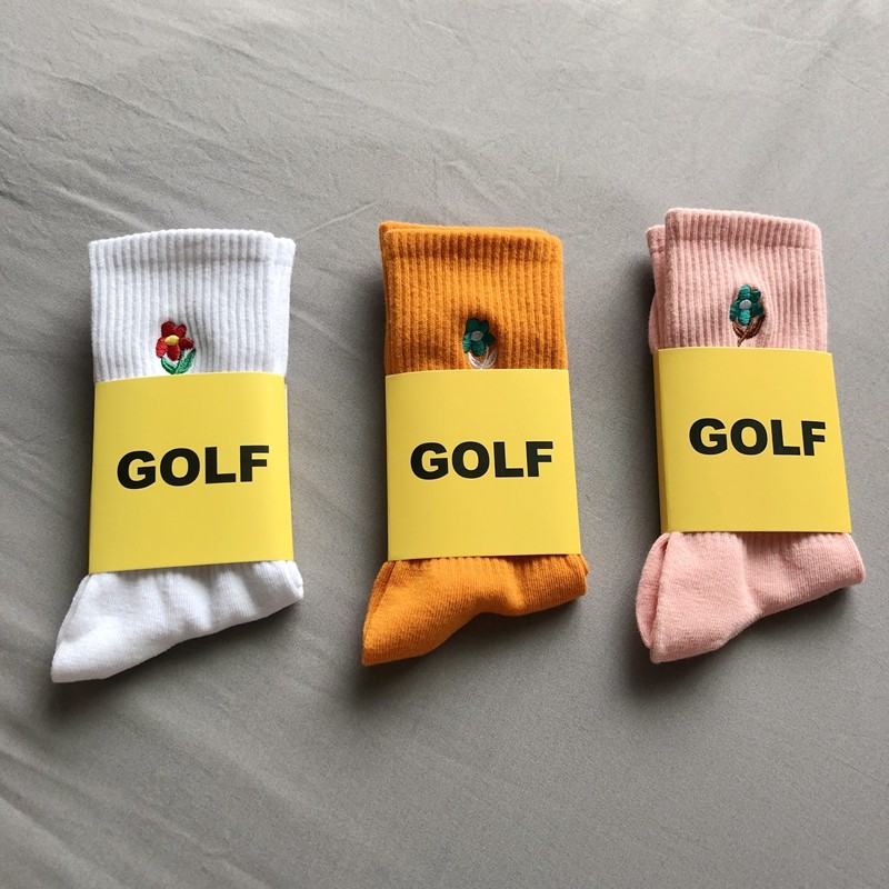 现货golf小花刺绣小花袜 春夏纯色golf袜 中筒短袜男女袜子ins潮