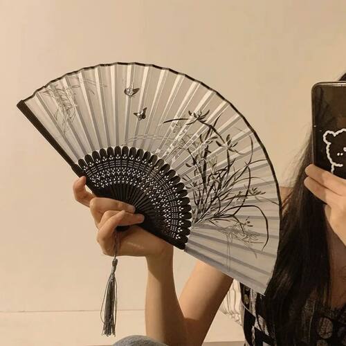 Chinese Style Folding Pocket Fan Portable Ancient Style Blac