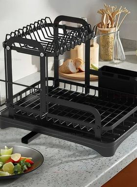 2 Tier Dish Drying Rack Black Kitchen Countertop Drainer wit