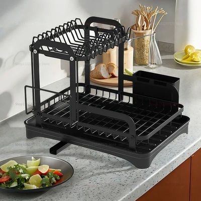 2 Tier Dish Drying Rack Black Kitchen Countertop Drainer wit