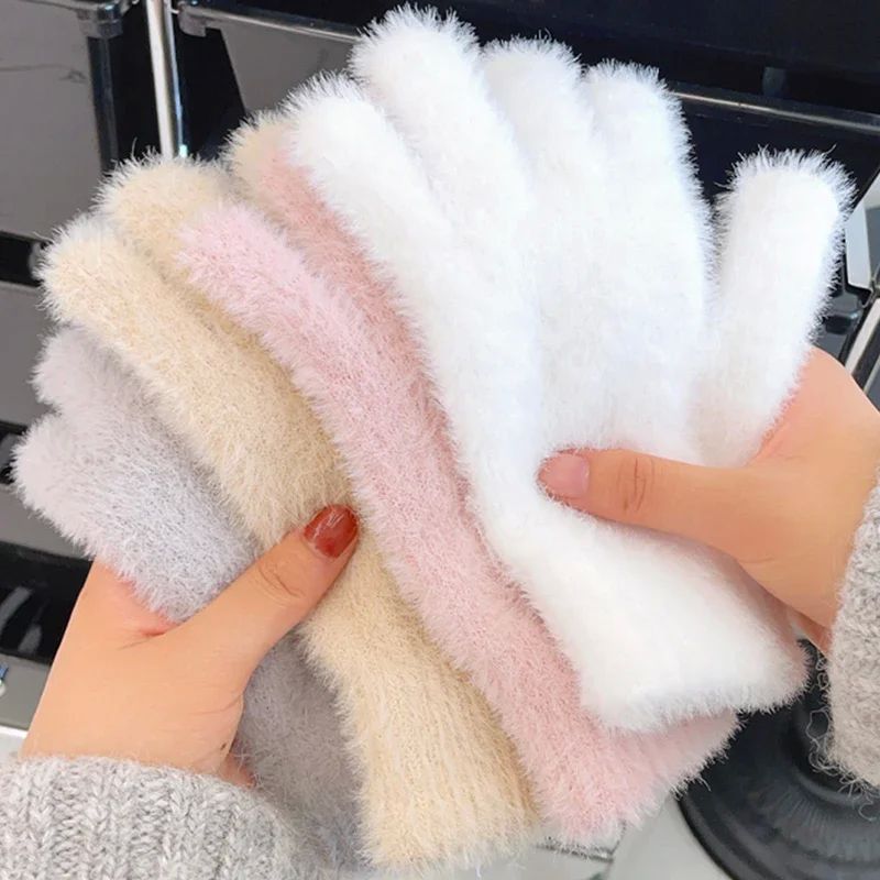 Fashion Winter Mink Velvet Five Finger Gloves Plush Warm Col