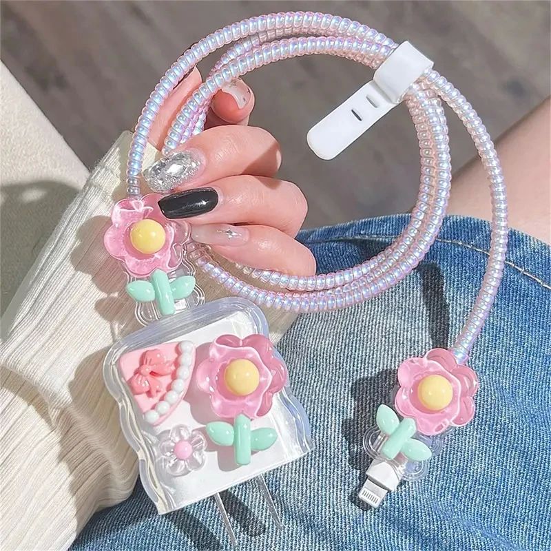 3D Pink Flower Cable Charger Protector Cover For Iphone 15 1