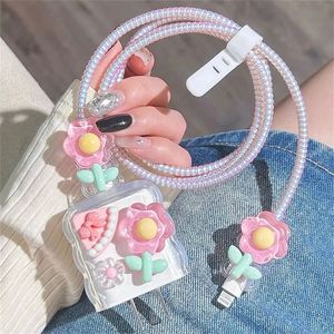 3D Pink Flower Cable Charger Protector Cover For Iphone 15 1