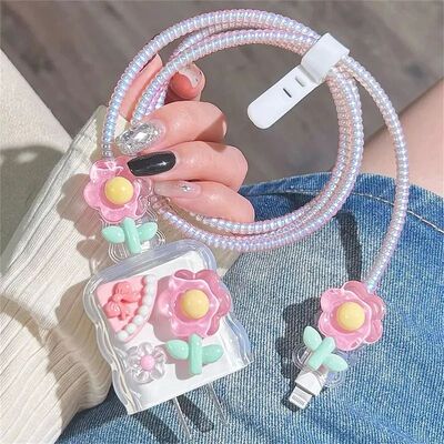 3D Pink Flower Cable Charger Protector Cover For Iphone 15 1