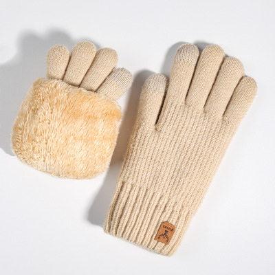 Knitted gloves for women, thickened touchscreen gloves