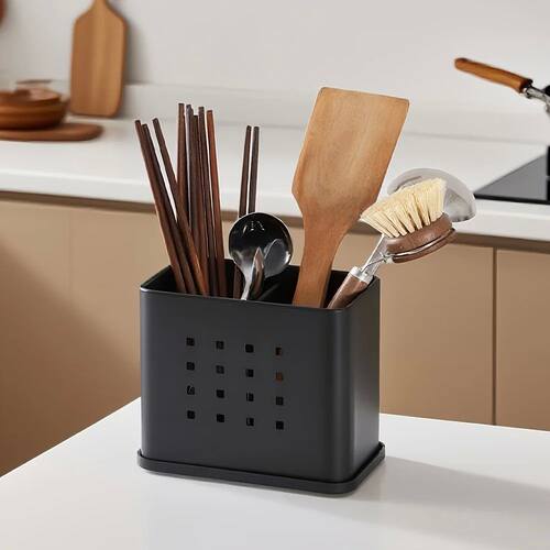 Black Metal Cutlery Organizer Holder, Large Capacity Utensil