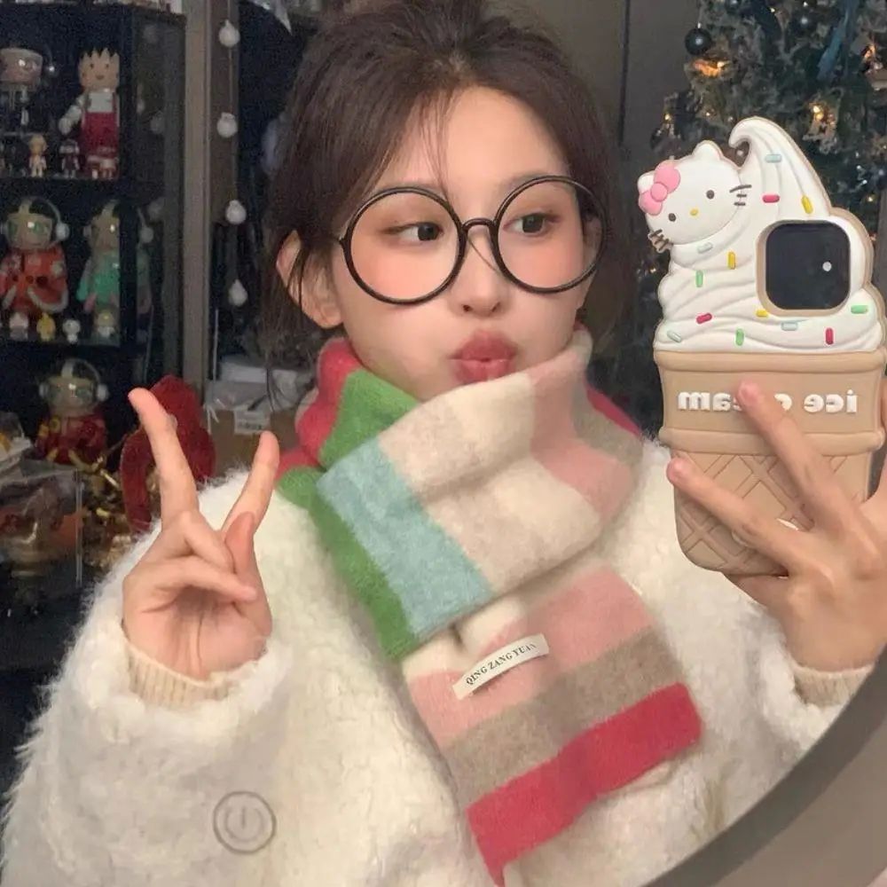 Rainbow Stripes Mohair Scarf Winter Colour Blocking Stripes