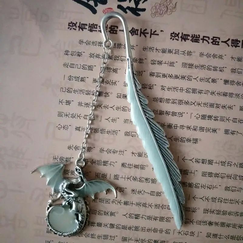 Cute Luminous Metal Feather Bookmarks With Flying Dragon Pen