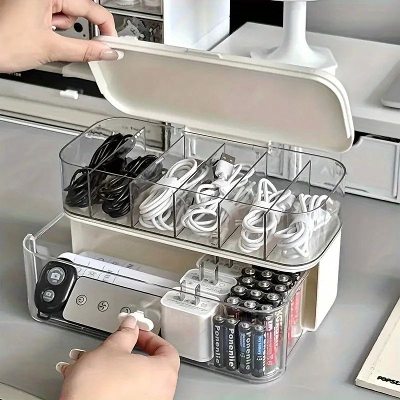 Double-Layer Transparent Desktop Cable Organizer Box - Compa