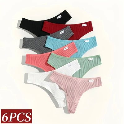 6Pcs/Set Women Cotton Thongs Female Ribbed Panties Low Rise