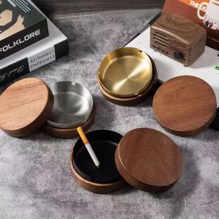 Retro ashtray with wooden lid, creative light luxury, home,