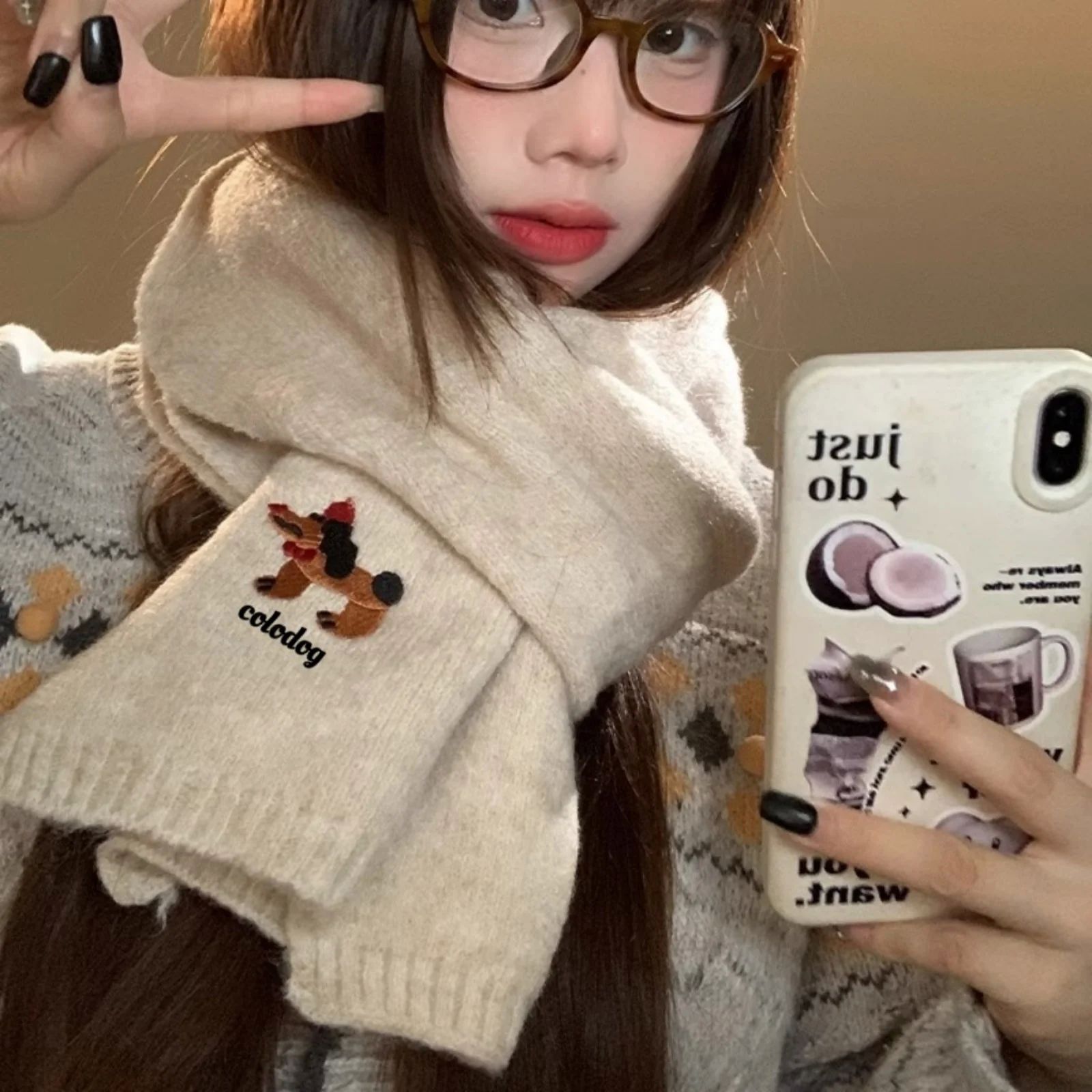 1PC Women's Autumn Winter Cute Dog Embroidered Knitted Scarf