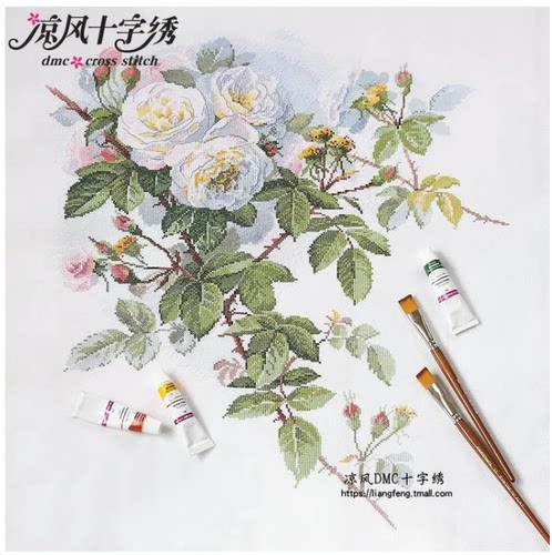 法国DMC线十字绣套件植物花卉HC4718白玫瑰14CT 16CT印花田园装饰