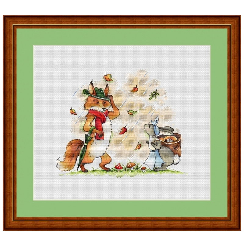 法国DMC十字绣套件卡通动物 A1457秋雨 狐狸与小兔 28CT 简单印花