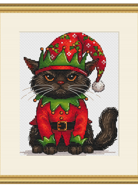 法国DMC十字绣套件 A907圣诞黑猫 28CT简单可爱卡通