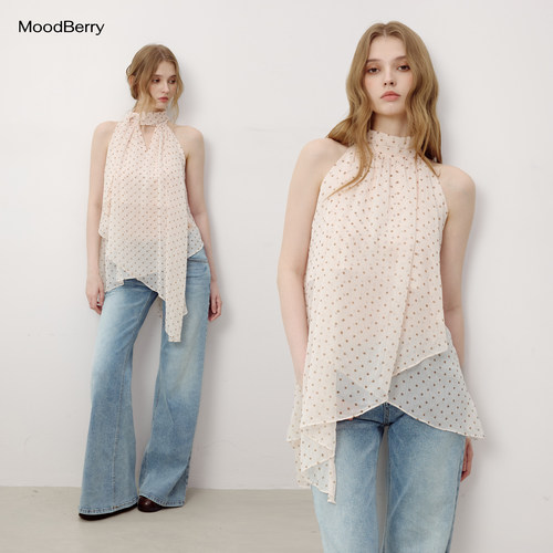 MoodBerry 美式复古两面穿飘带波点挂脖背心女夏季休闲百搭款上衣