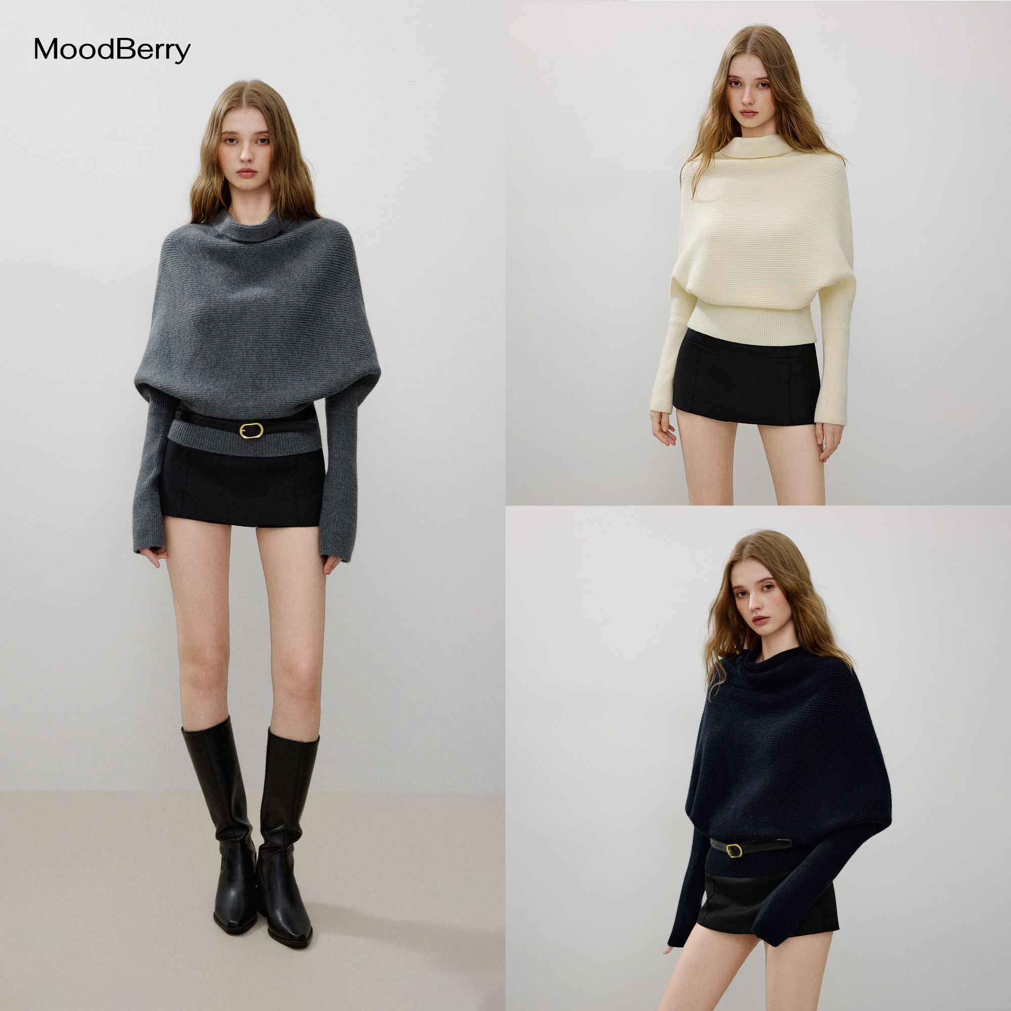 MoodBerry 美式复古蝙蝠袖毛衣女秋冬设计感收腰显瘦套头针织上衣