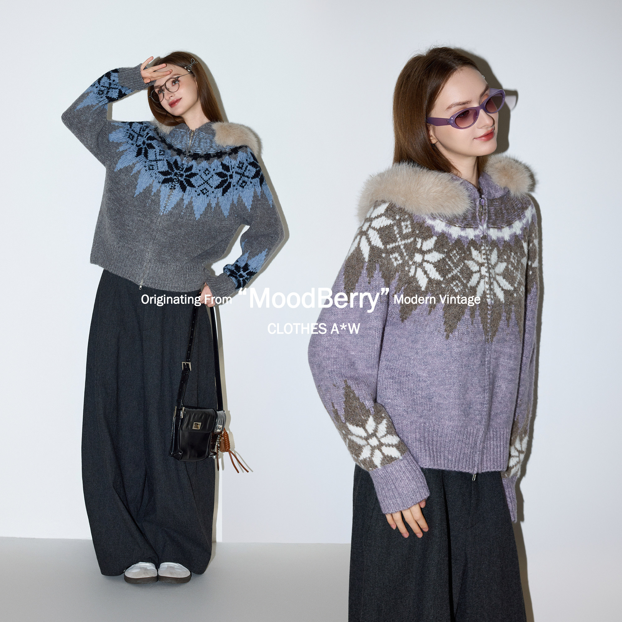 MoodBerry 连帽毛领费尔岛针织外套女秋冬双拉链加厚保暖毛衣开衫