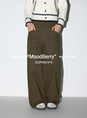 MoodBerry 美式复古军绿色设计感口袋直筒裤女款春季低腰阔腿长裤