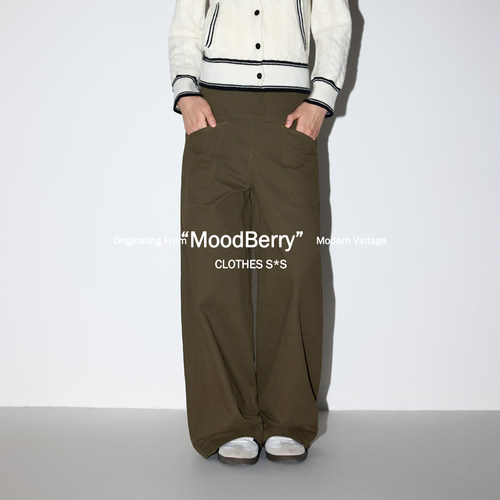 MoodBerry 美式复古军绿色设计感口袋直筒裤女款春季低腰阔腿长裤