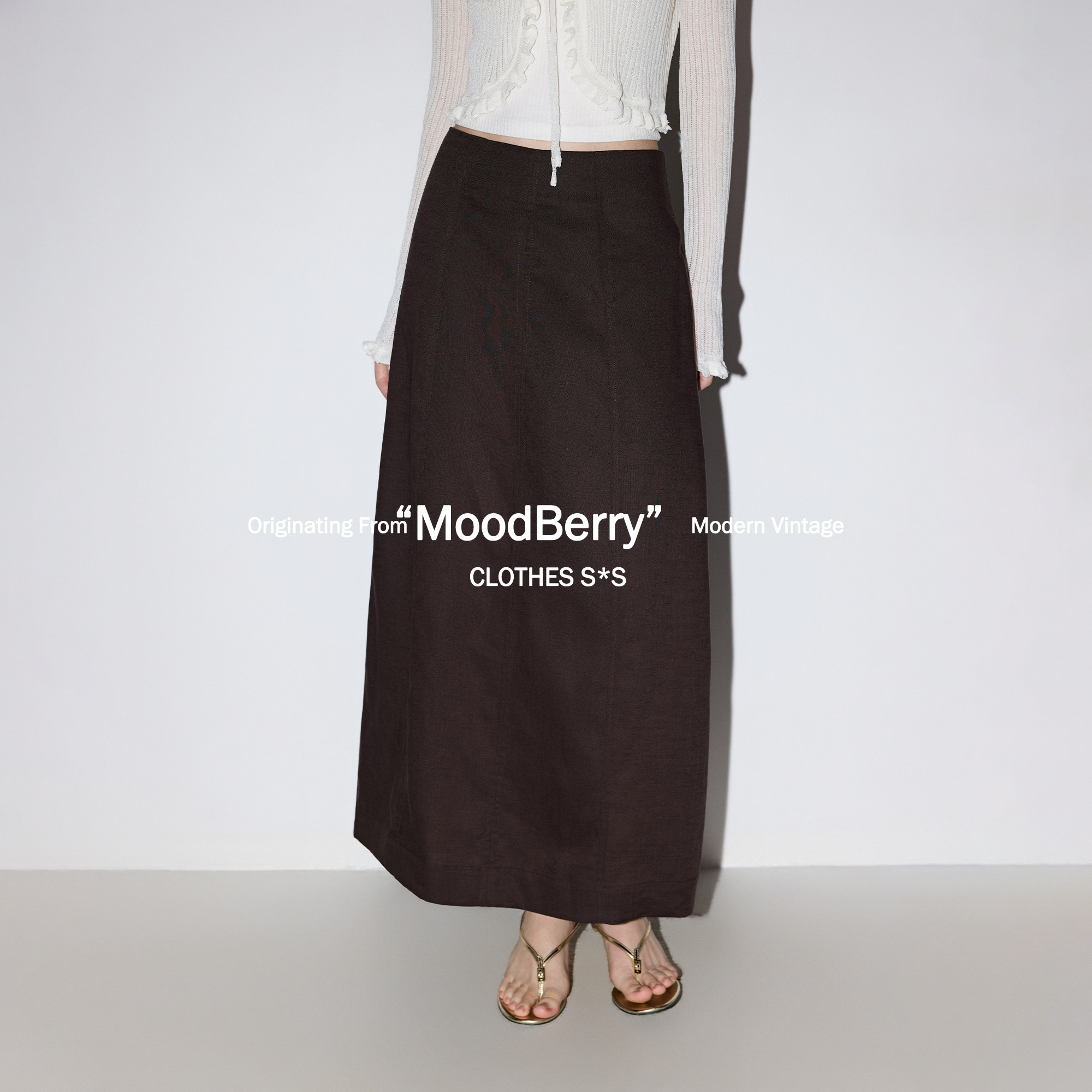 MoodBerry美式复古棕色亚麻高腰长裙女夏休闲百搭显瘦A字半身裙子图片