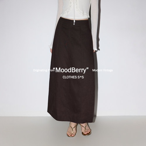 MoodBerry美式复古棕色亚麻高腰长裙女夏休闲百搭显瘦A字半身裙子