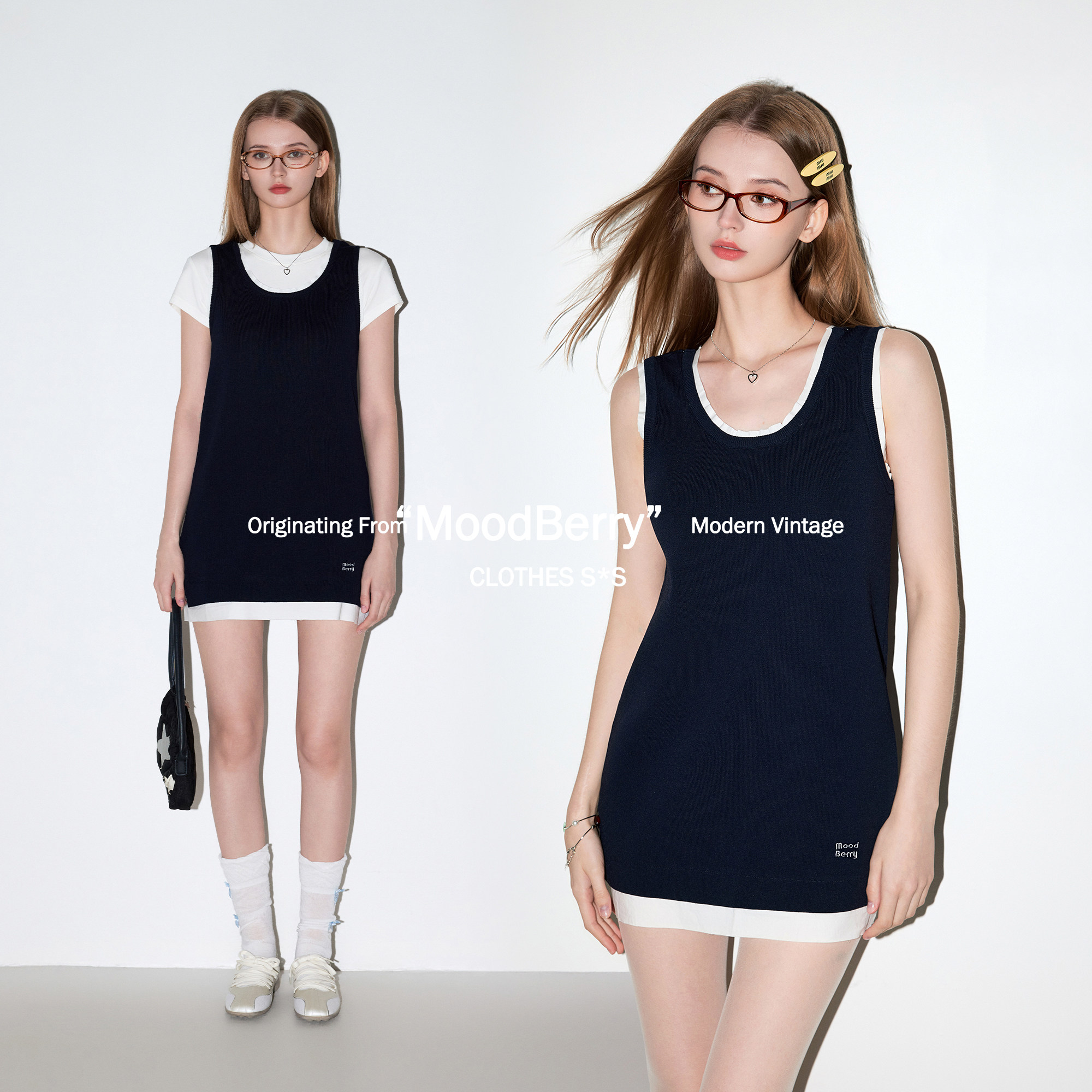 MoodBerry 美式复古两件式收腰背心连衣裙女夏季纯色圆领修身短袖