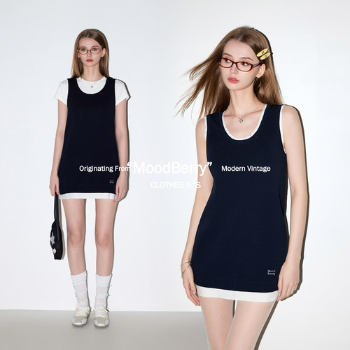 MoodBerry 美式复古两件式收腰背心连衣裙女夏季纯色圆领修身短袖