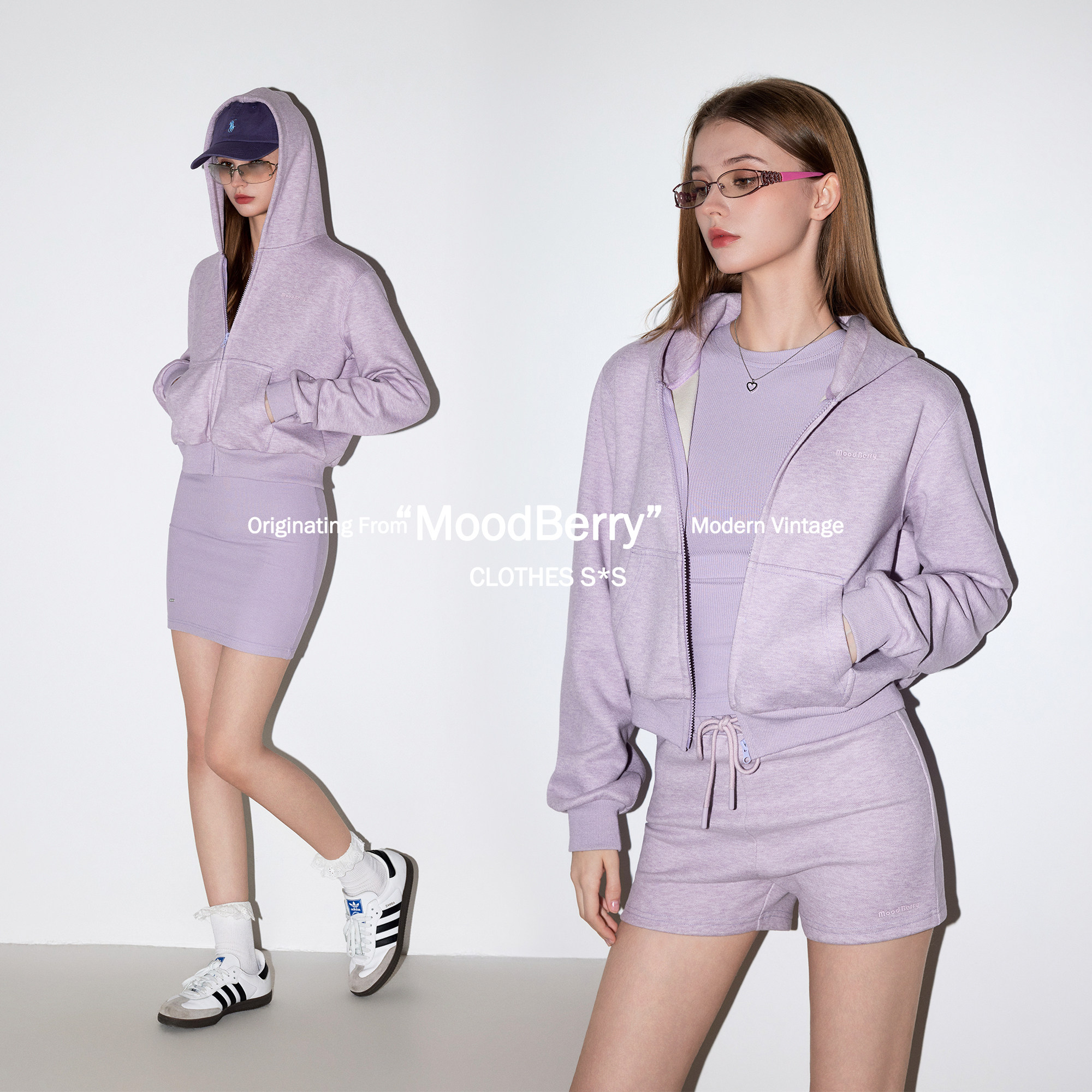 MoodBerry 美式复古紫色短款连帽卫衣女夏季休闲宽松拉链外套上衣